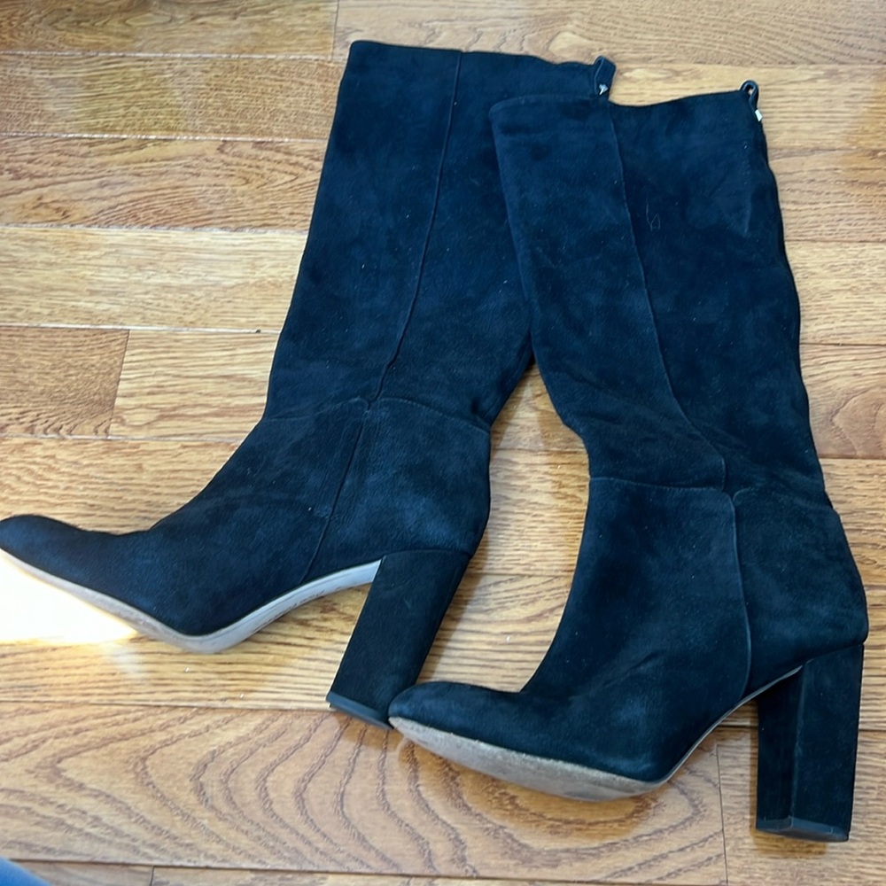 SAM EDELMAN black suede leather knee high boots pull on almond toe 4” heel
